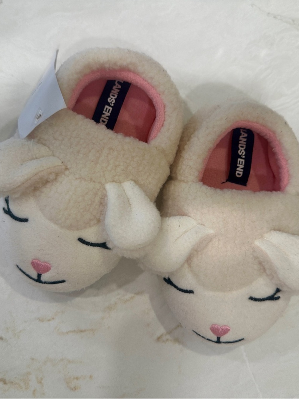 Lands' End White Lamb Slippers with Pink Lining